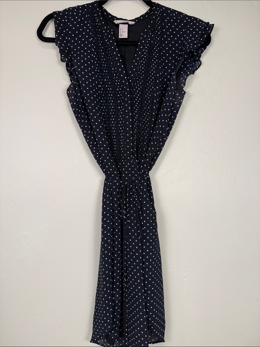 H&M Navy Blue Polka Dot Flutter Sleeve Dress Size 6 EUC
